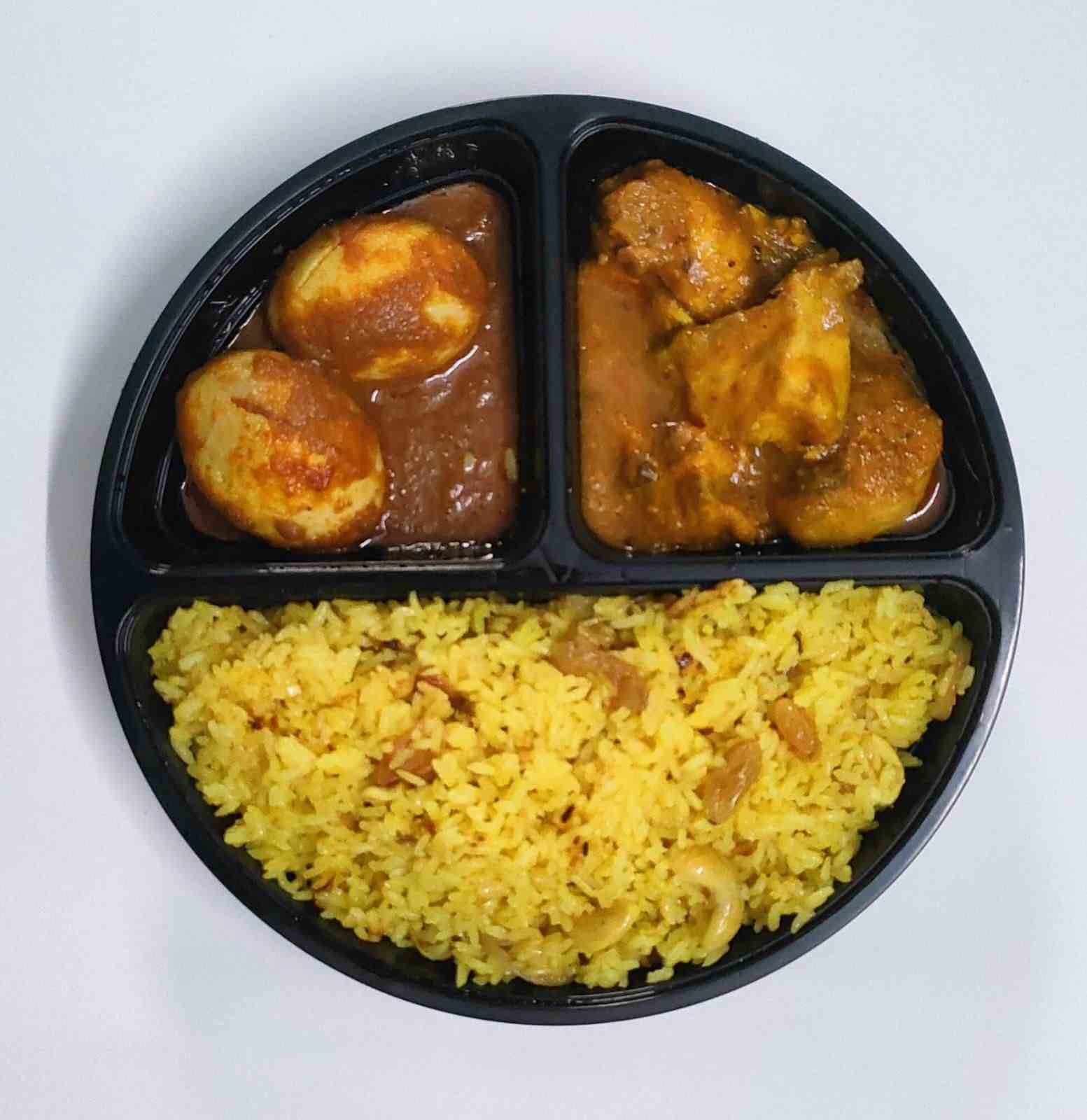 Pulao Thali ( basanti pulao achari chicken. egg korma)